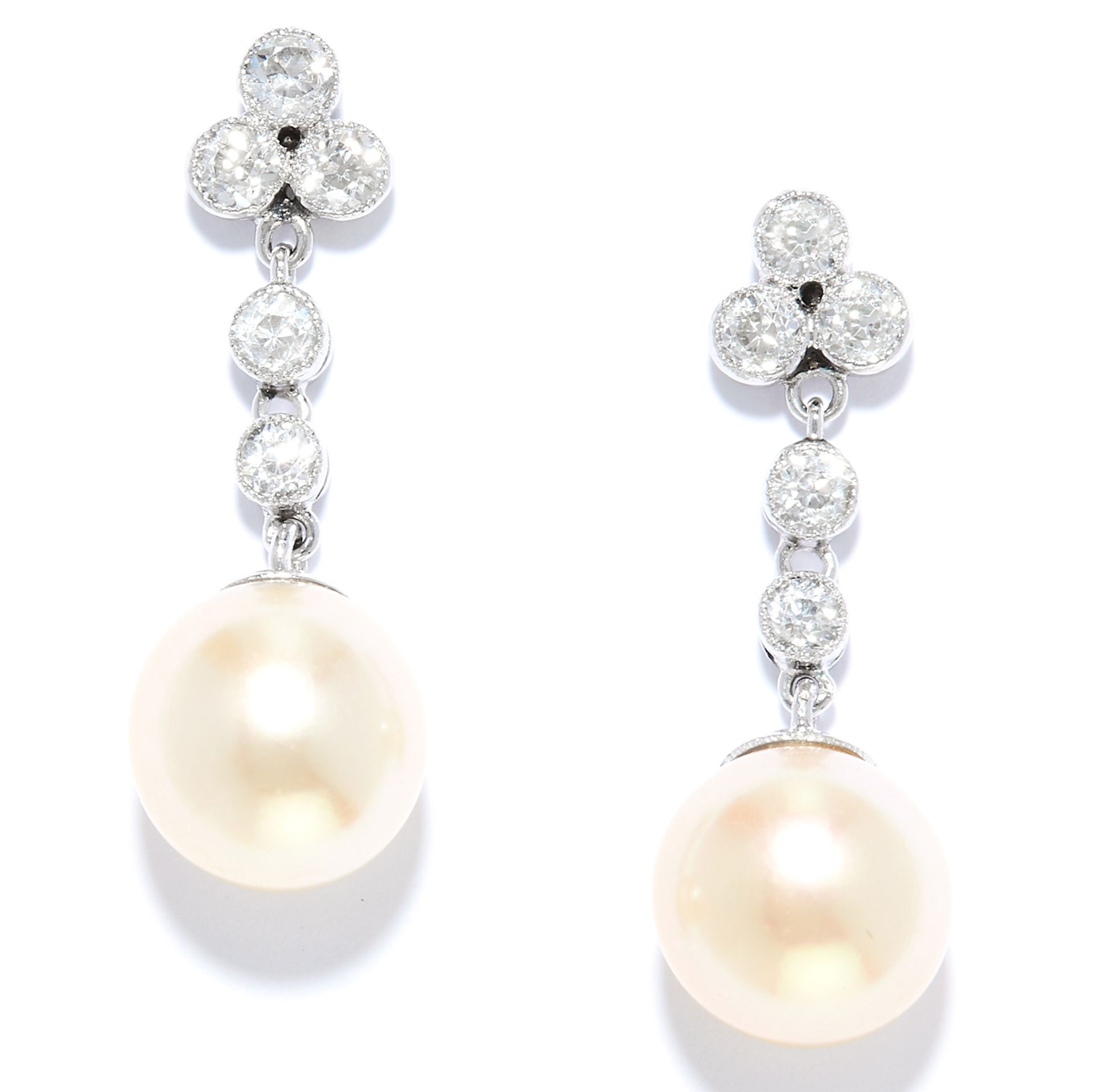 PEARL AND DIAMOND DROP EARRINGS in 18ct white gold or platinum, set with a row of round cut diamonds