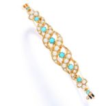 ANTIQUE TURQUOISE AND PEARL BANGLE, 19TH CENTURY in high carat yellow gold, the openwork body with