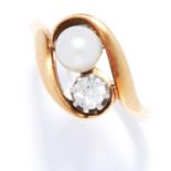 DIAMOND AND PEARL TOI ET MOI RING in high carat yellow gold, set with a round cut diamond and pearl,