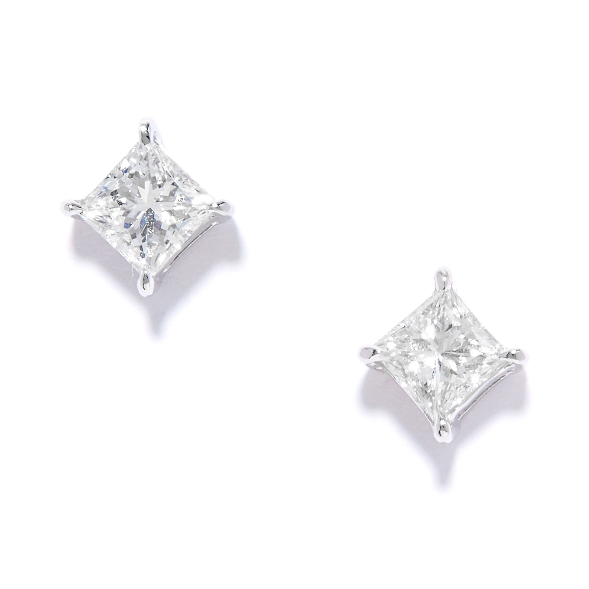 0.66 CARAT DIAMOND EAR STUDS in 18ct white gold, each set with a princess cut diamond totalling