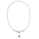 SAPPHIRE AND DIAMOND DETACHABLE PENDANT / NECKLACE in high carat yellow gold, formed of marquise cut