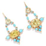 ANTIQUE TURQUOISE AND CITRINE EARRINGS in yellow gold, each set with two oval cut citrine in an open