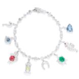 YELLOW DIAMOND, RUBY, EMERALD AND AQUAMARINE CHARM BRACELET, ADLER in 18ct white gold, comprising