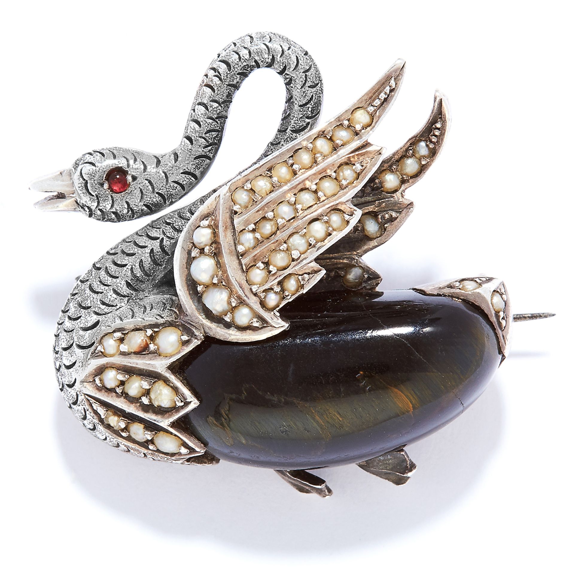 RUBY, PEARL AND HARDSTONE SWAN BROOCH in sterling silver, depicting a swan, set with a cabochon