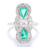 ANTIQUE ART DECO EMERALD AND DIAMOND RING in platinum or white gold, the old cut diamond between