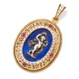 ANTIQUE LAPIS LAZULI, RUBY AND ENAMEL PENDANT in high carat yellow gold, set with polished lapis