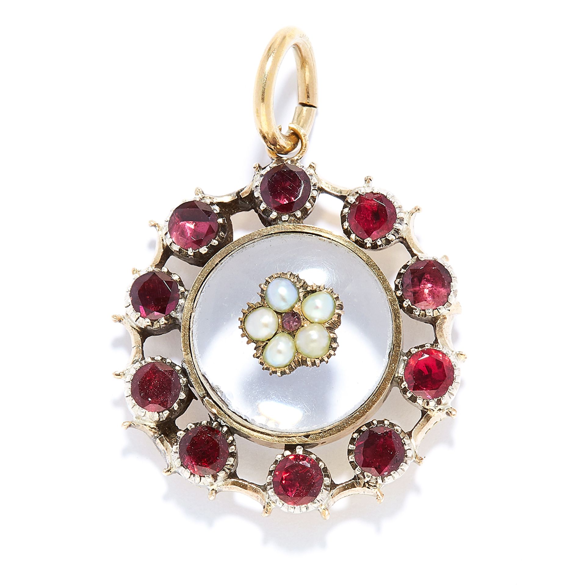 ANTIQUE GARNET, PEARL AND ROCK CRYSTAL PENDANT in high carat yellow gold, comprising of a cabochon