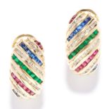 EMERALD, RUBY, SAPPHIRE AND DIAMOND EARRINGS in 14ct yellow gold, set with alternating rows of round