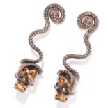 DIAMOND, RUBY AND HEMATITE SNAKE AND SKULL EARRINGS in gold and silver, depicting a snake and skull,
