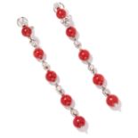 DIAMOND AND CORAL DROP EARRINGS, CIRCA 1940 in 19ct white gold, each comprising of alternating round