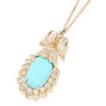 TURQUOISE AND DIAMOND PENDANT in 18ct yellow gold, set with a cabochon turquoise in a foliate border