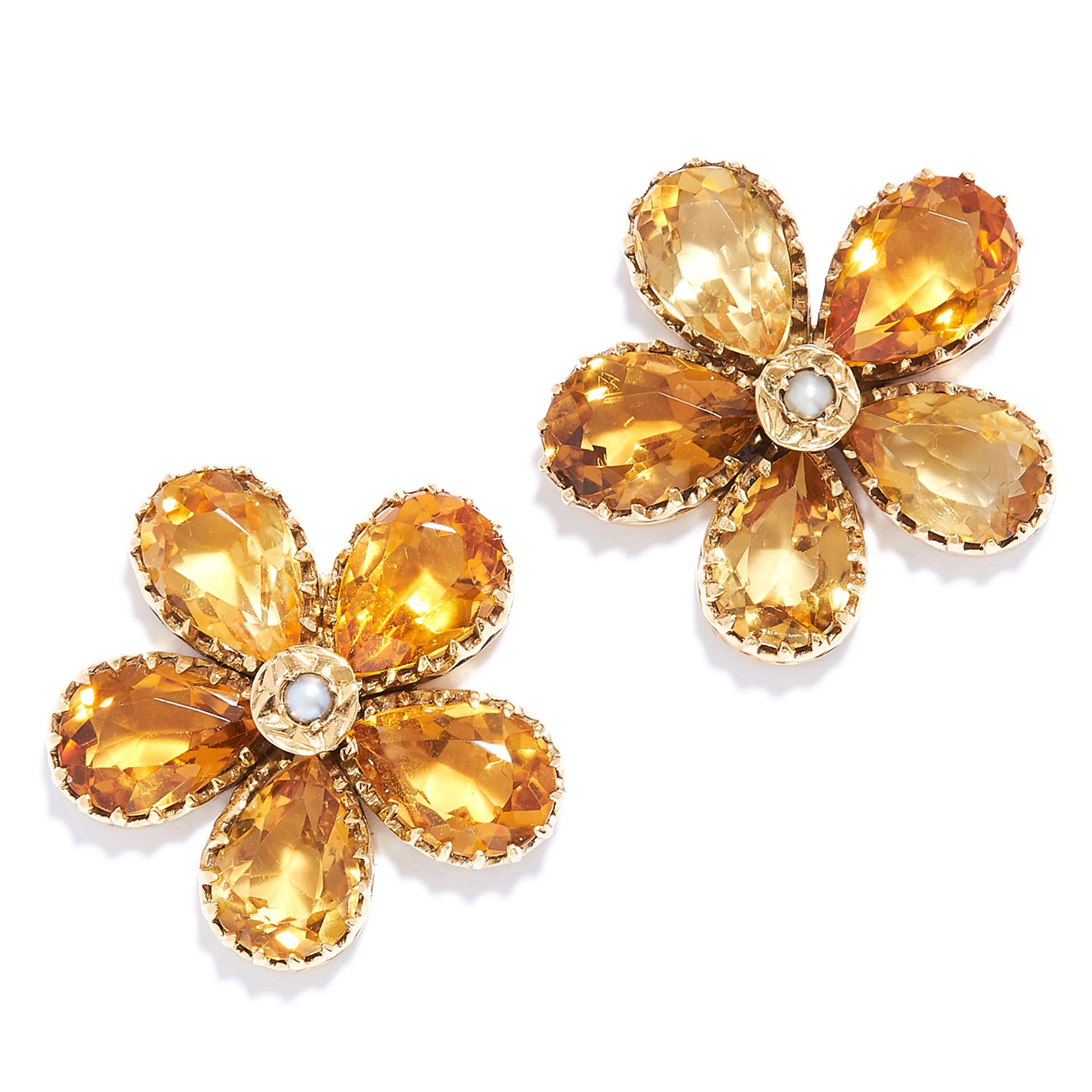 CITRINE AND PEARL FLOWER EARRINGS in yellow gold, each set with a pearl and pear cut citrines,