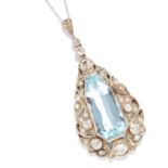 AN ANTIQUE AQUAMARINE AND DIAMOND PENDANT in white gold or platinum, set with a central faceted