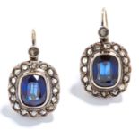 A PAIR OF SYNTHETIC SAPPHIRE AND DIAMOND CLUSTER EARRINGS, 19TH CENTURY in yellow gold, each