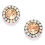 ANTIQUE IMPERIAL TOPAZ AND PEARL EARRINGS in yellow gold, set with two imperial topaz totalling
