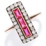 ANTIQUE DIAMOND AND RED STONE DRESS RING in yellow gold, set with a row of baguette cut red