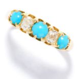 ANTIQUE TURQUOISE AND DIAMOND RING in 18ct yellow gold, set with a trio of graduated turquoise