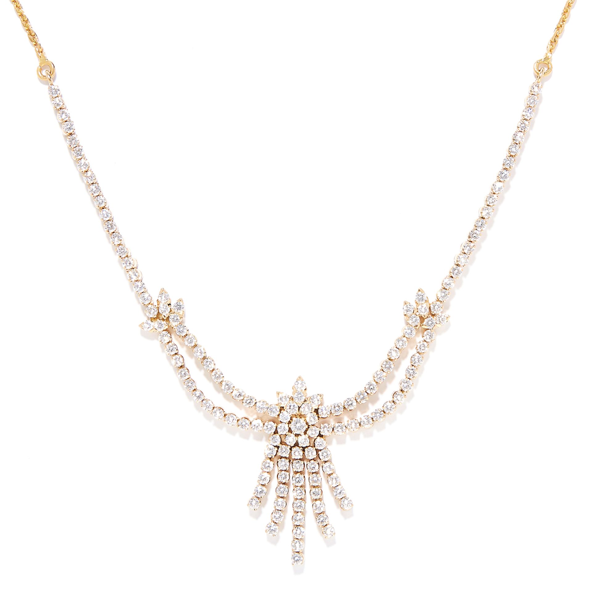 10.00 CARAT DIAMOND NECKLACE in 18ct yellow gold, set with a row of round cut diamonds, suspending