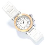 'PASHA DE CARTIER' LADIES WATCH, CARTIER in steel, with white dial, on white strap, signed