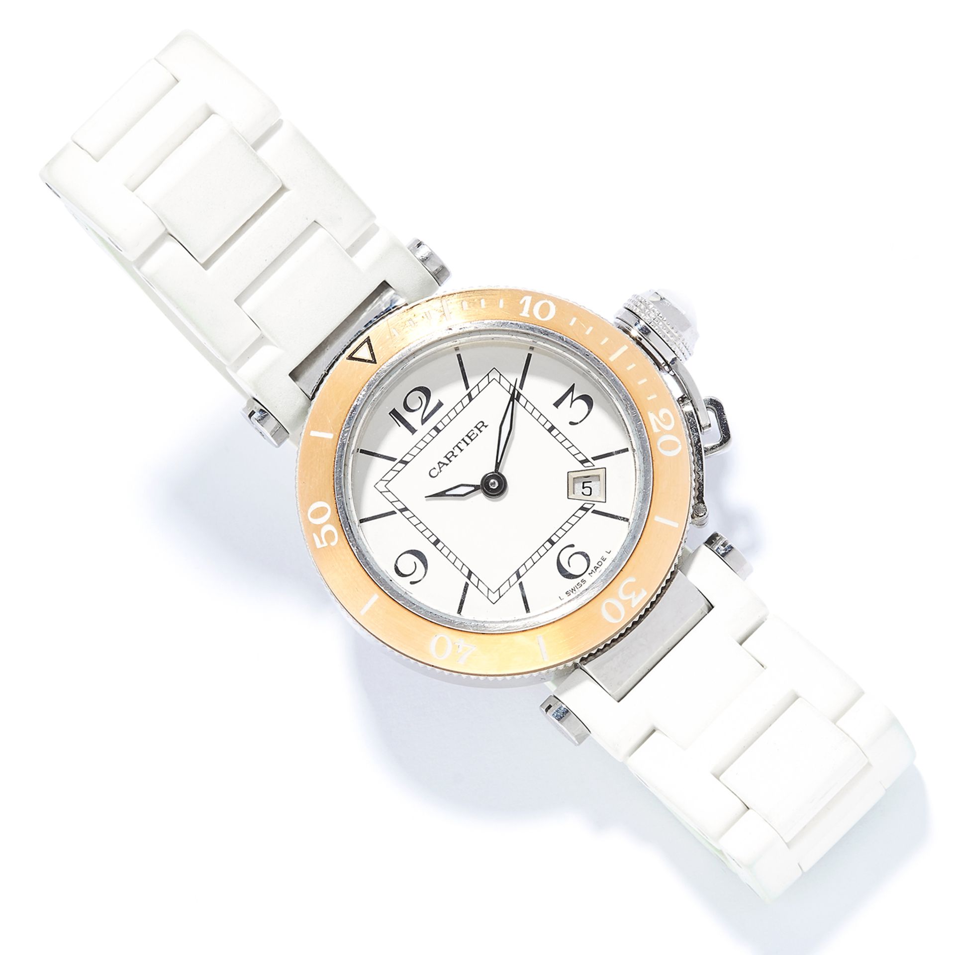 'PASHA DE CARTIER' LADIES WATCH, CARTIER in steel, with white dial, on white strap, signed