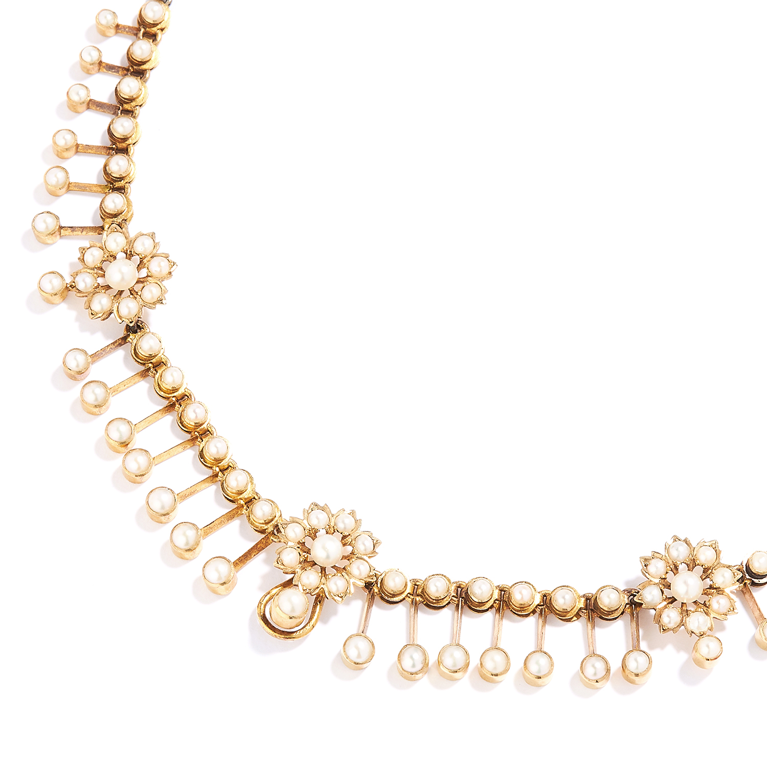 ANTIQUE PEARL NECKLACE in high carat yellow gold, set with seed pearls in foliate fringe design, - Image 2 of 2