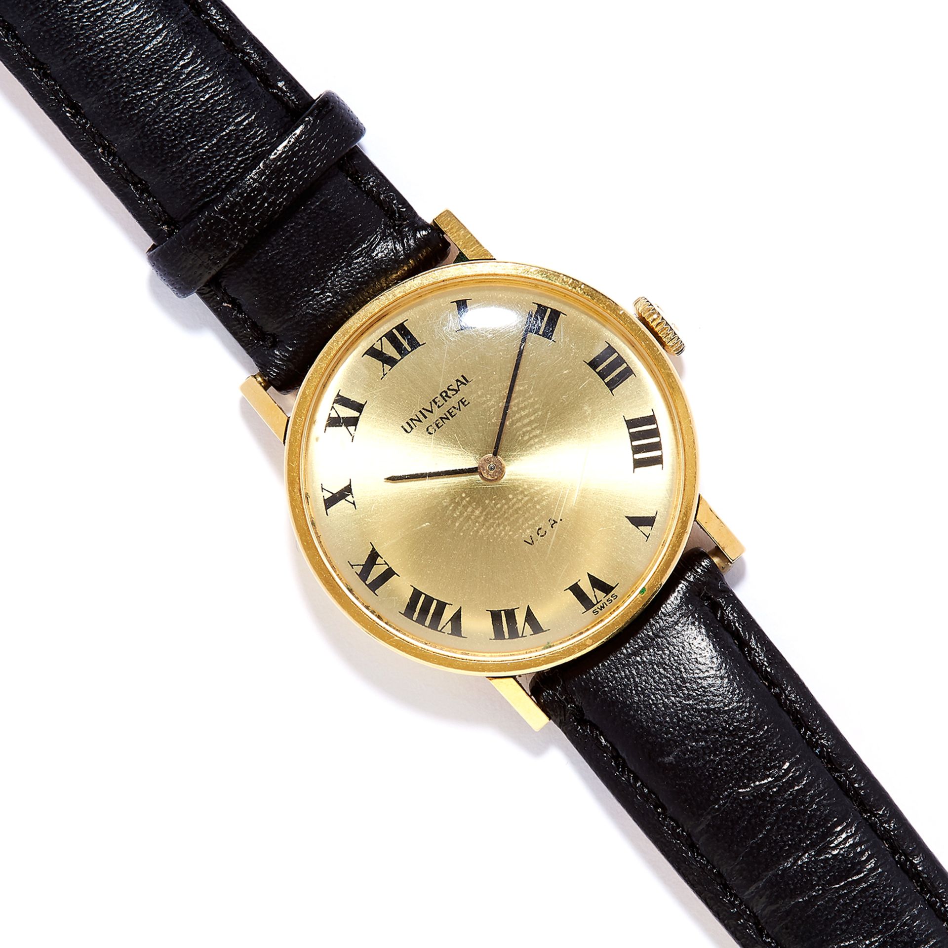 LADIES WRISTWATCH, UNIVERSAL in yellow gold, on brown leather strap, 23cm, 19.4g. - Image 2 of 2