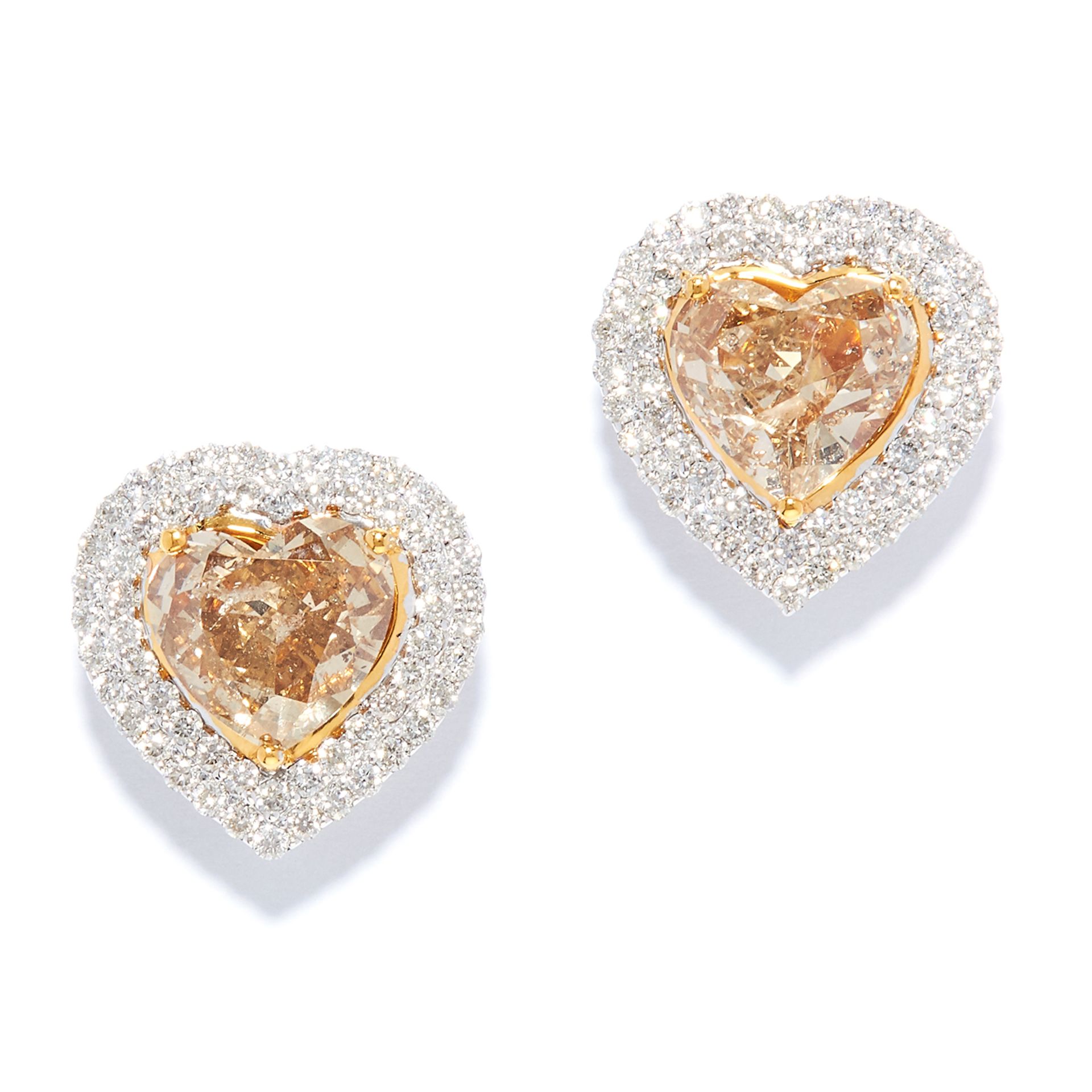 2.12 CARAT FANCY YELLOW DIAMOND EARRINGS in 18ct white gold, each set with a heart cut fancy