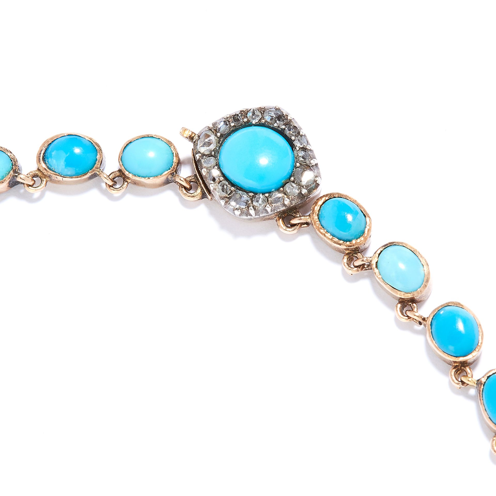 ANTIQUE TURQUOISE AND DIAMOND RIVIERA NECKLACE, 19TH CENTURY in high carat yellow gold, set with - Bild 2 aus 2