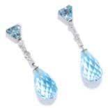 ART DECO AQUAMARINE AND DIAMOND EARRINGS in 18ct white gold, the large briolette aquamarines