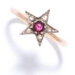 RUBY AND DIAMOND RING in yellow gold, the star design is set with a round cut ruby and rose cut