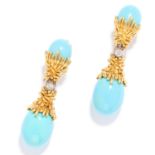 ENAMEL AND DIAMOND DROP EARRINGS in 18ct yellow gold, each comprising of a blue enamel top