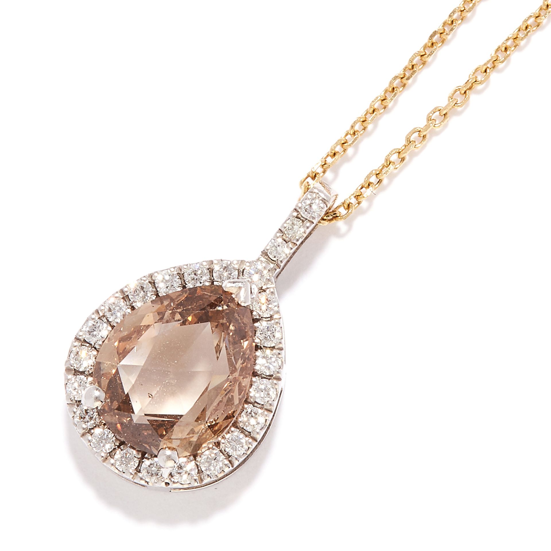 FANCY DIAMOND PENDANT in 18ct gold, comprising of a pear cut fancy colour diamond in a cluster of