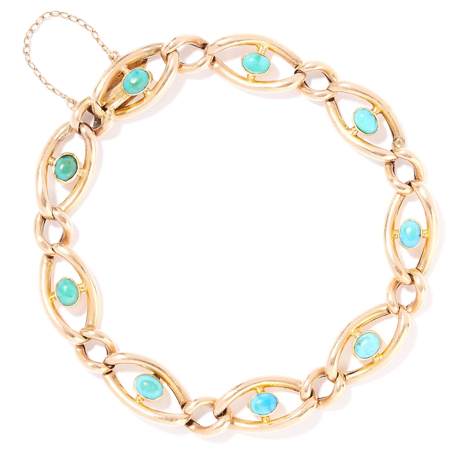 ANTIQUE TURQUOISE BRACELET in 15ct yellow gold, each link is set with a cabochon turquoise,