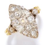 ANTIQUE DIAMOND CLUSTER RING, 19TH CENTURY in yellow gold and silver, the marquise face jewelled