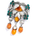 ANTIQUE AMBER AND GREEN AGATE 'MASTER' BROOCH / PENDANT, GEORG JENSEN, CIRCA 1915 in silver,