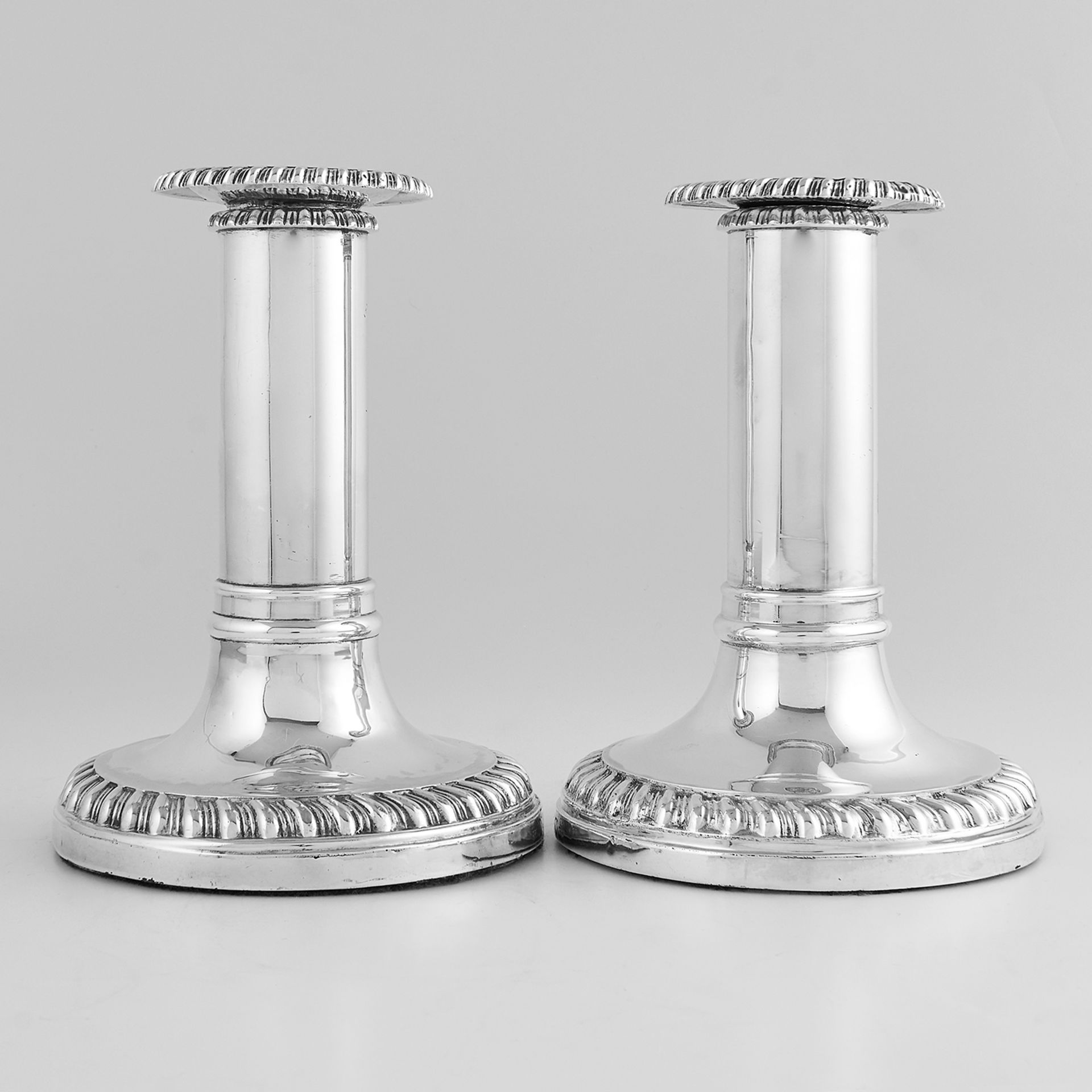 PAIR OF ANTIQUE GEORGE III STERLING SILVER CANDLE STICKS, JOHN & THOMAS SETTLE, SHEFFIELD 1817 the