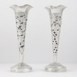 PAIR OF ANTIQUE CHINESE SILVER VASES CIRCA 1900 the fluted bodies with pierced and chased