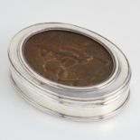 ANTIQUE SCOTTISH SILVER AND PRESSED HORN TOBACCO BOX, MAKER'S MARK I.S, CIRCA 1800 of oval form, the