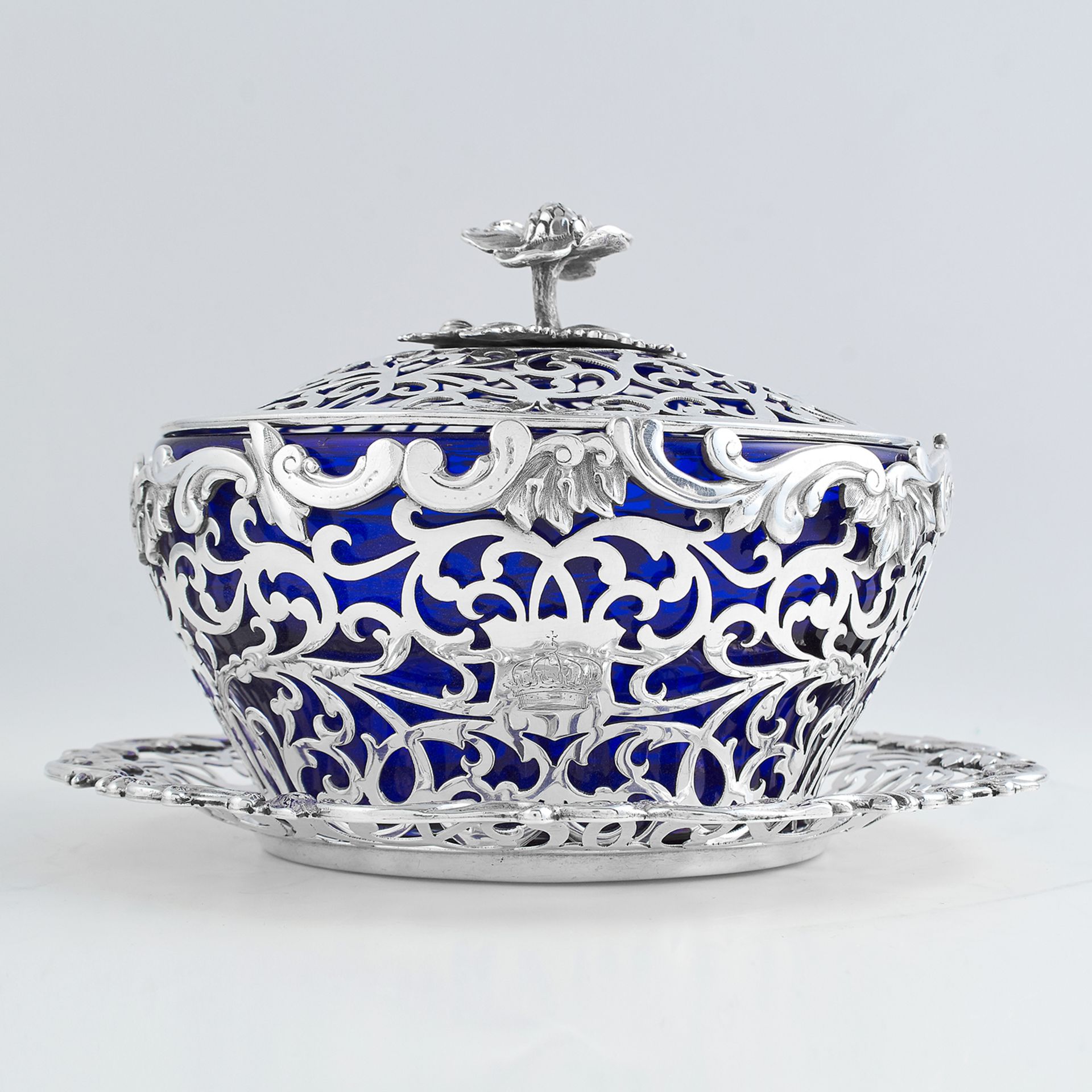 ANTIQUE VICTORIAN STERLING SILVER AND GLASS BUTTER DISH, JOHN FIGG LONODN 1840 the circular blue