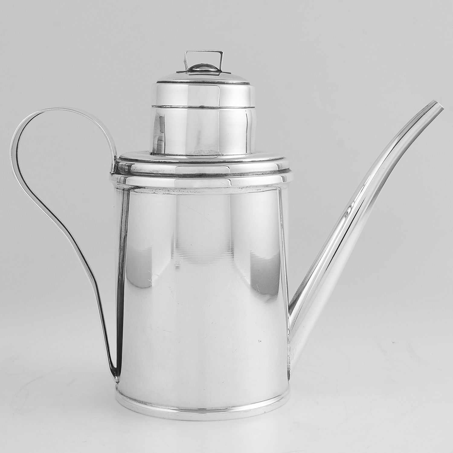 VINTAGE ITALIAN SILVER OLIVE OIL CAN designed as a watering can, with scrolling handle and