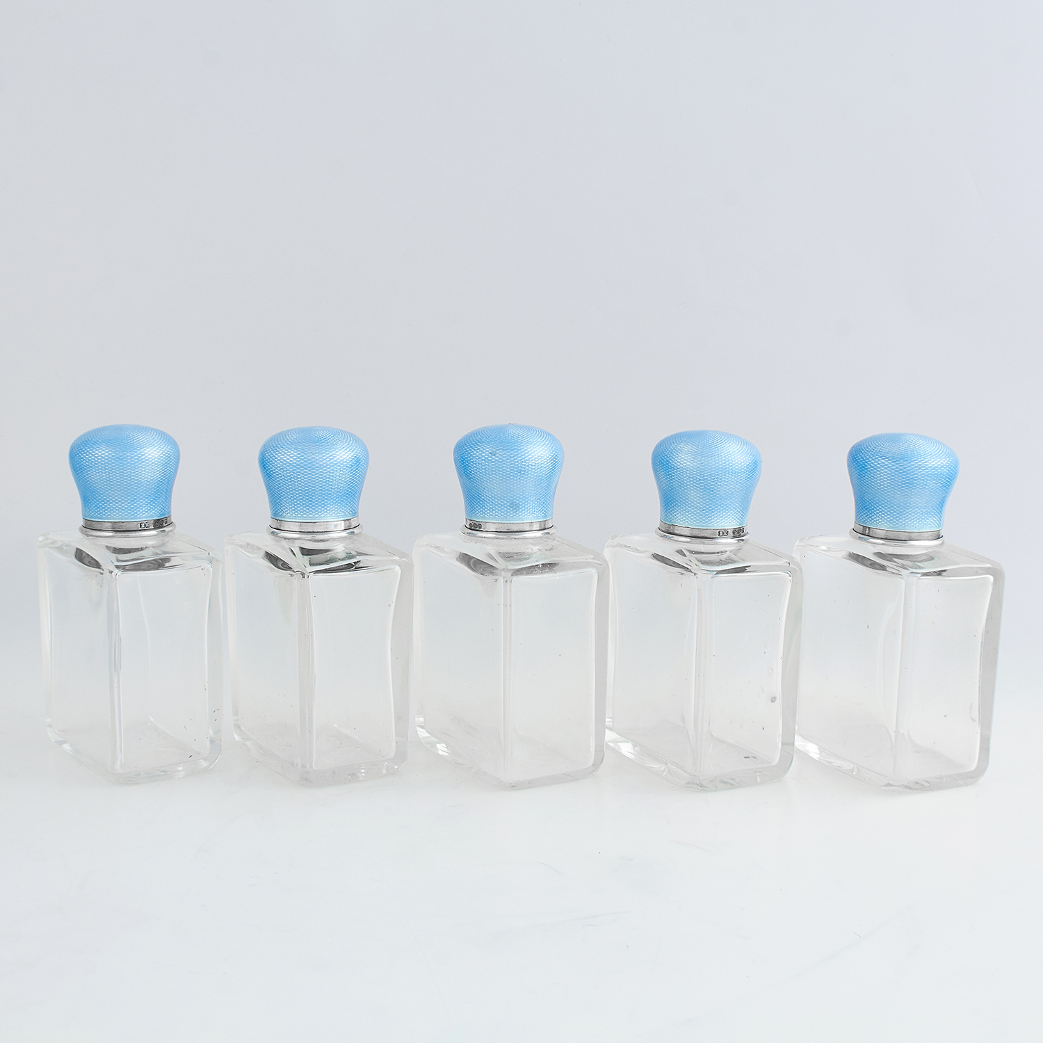 SET OF FIVE ANTIQUE STERLING SILVER ENAMEL AND GLASS BOTTLES, ERICH KELLERMAN IMPORT LONDON 1912 the - Image 2 of 2