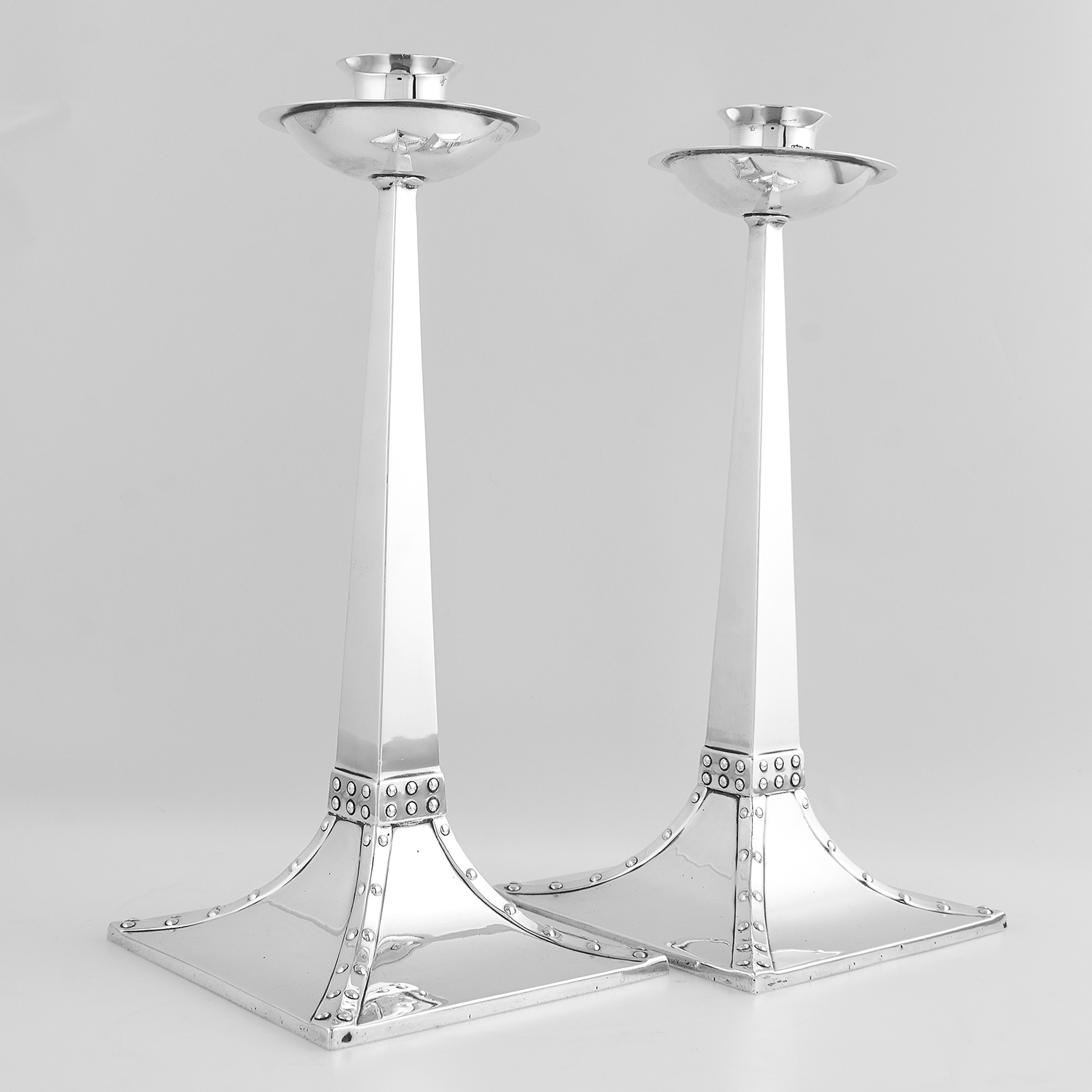 PAIR OF ANTIQUE ARTS & CRAFTS CANDLESTICKS, JAMES DIXON & SONS SHEFFIELD 1913 the tapering sticks