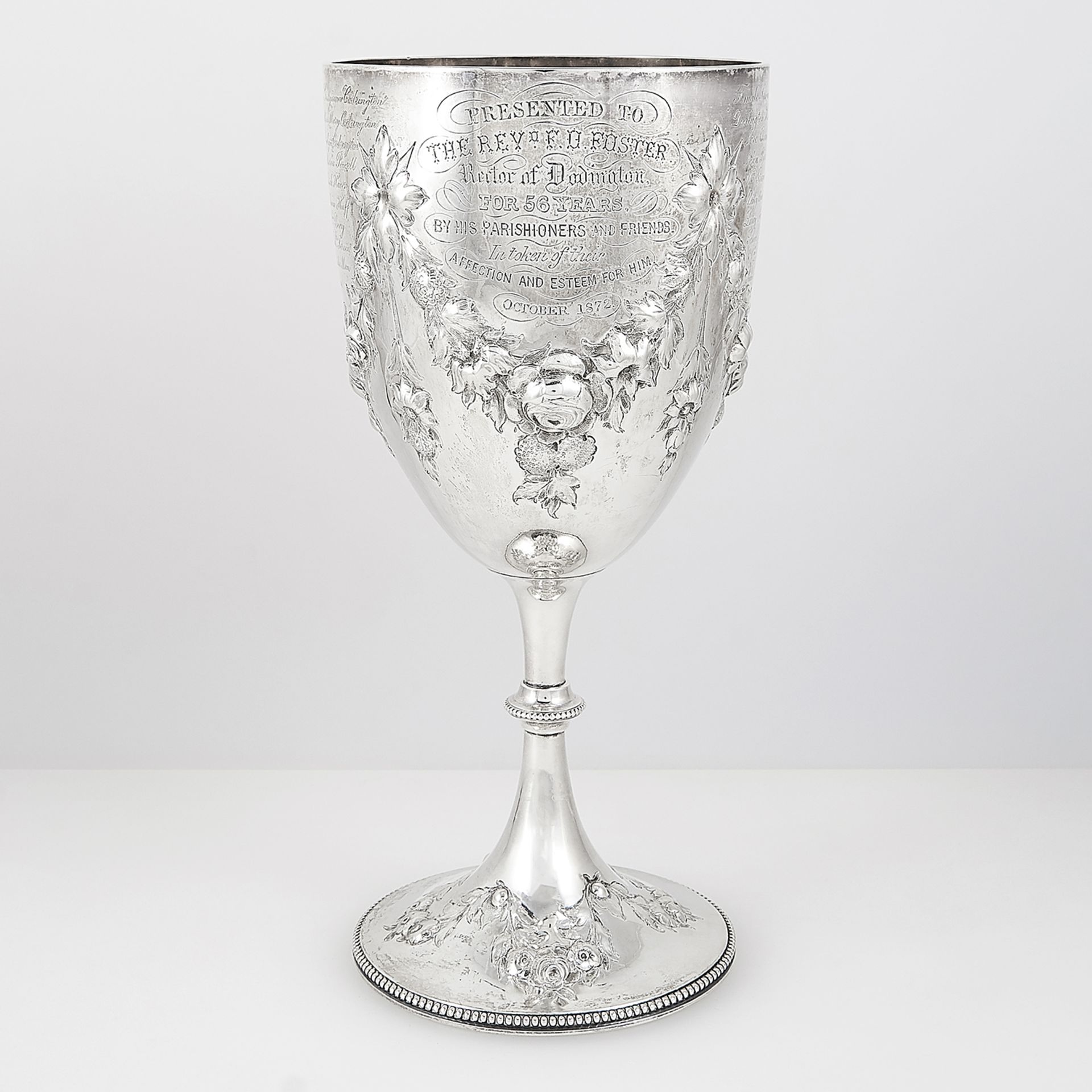 ANTIQUE VICTORIAN STERLING SILVER GOBLET, WILLIAM EVANS, LONDON 1871 the rounded body with chased