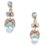 AQUAMARINE AND DIAMOND EARRINGS in yellow gold, each comprising of round cut aquamarines and