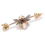 ANTIQUE RUBY, PEARL AND DIAMOND INSECT AND ARROW BROOCH, 19TH CENTURY in high carat yellow gold,