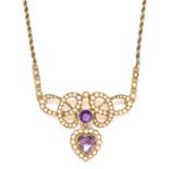 ANTIQUE AMETHYST AND SEED PEARL NECKLACE in 15ct yellow gold, in scrolling ribbon form set with seed