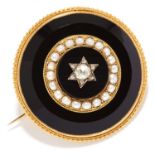 ANTIQUE ONYX, PEARL AND DIAMOND MOURNING BROOCH in yellow gold, comprising of two polished onyx