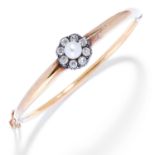 ANTIQUE DIAMOND AND PEARL BANGLE in yellow gold, set with a pearl approximately 6.4mm in diameter in