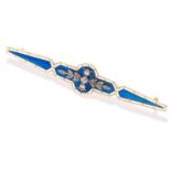 ANTIQUE DIAMOND AND ENAMEL BROOCH in yellow gold, set with old and rose cut diamonds in blue and