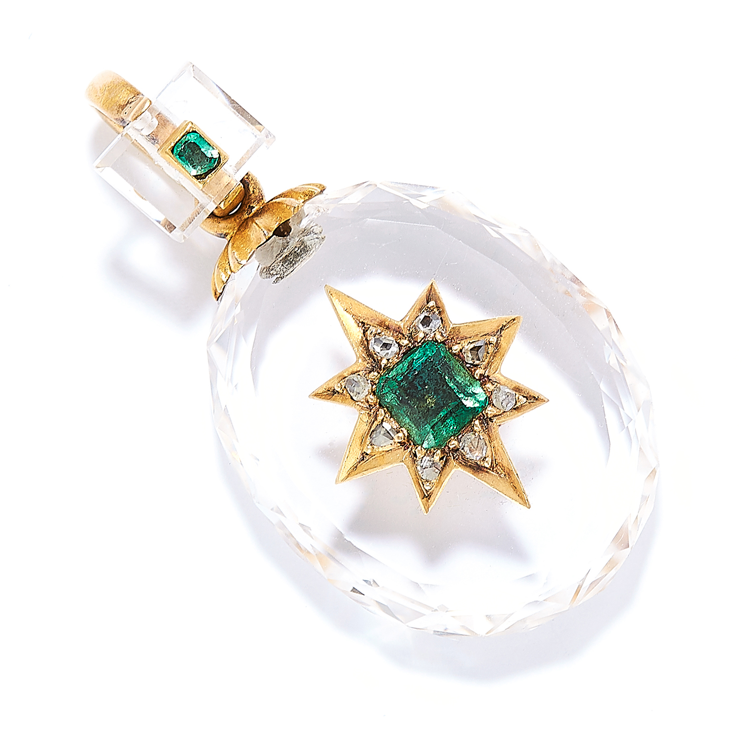 ANTIQUE EMERALD, DIAMOND AND ROCK CRYSTAL PENDANT in yellow gold, comprising of two faceted pieces